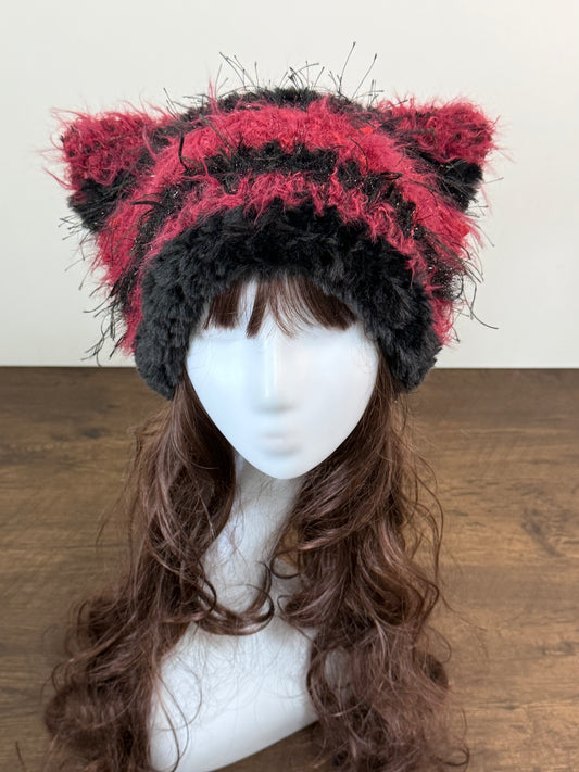 Red and Black Mixed Yarn Cat Ear Beanie