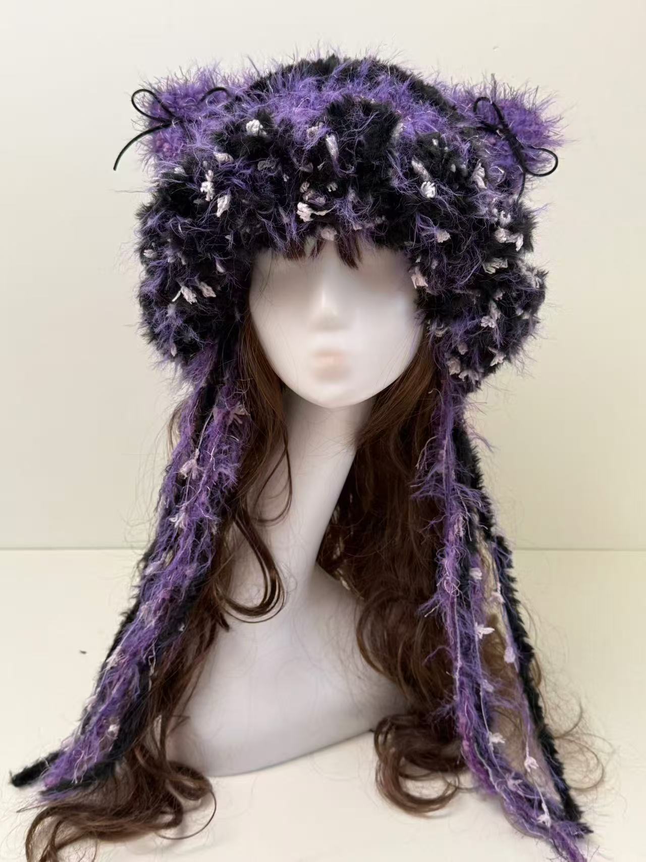 “Twilight Shadow” Cat Ear Jellyfish Hat – Black & Purple Mixed Yarn Beanie