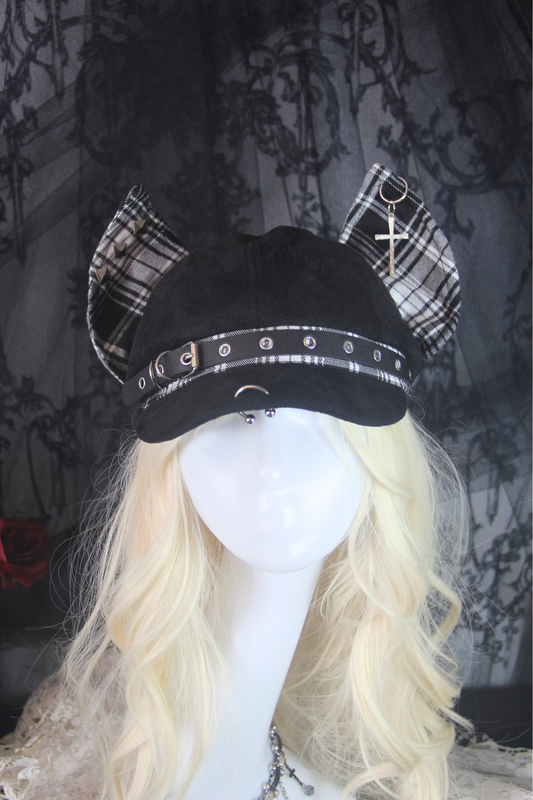 Newsboy Cap Hat with Dog Ear in Check Pattern and Studs
