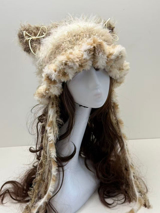 “Snow Leopard” Cat Ear Jellyfish Hat – Handcrafted Light Khaki Mixed Yarn Beanie