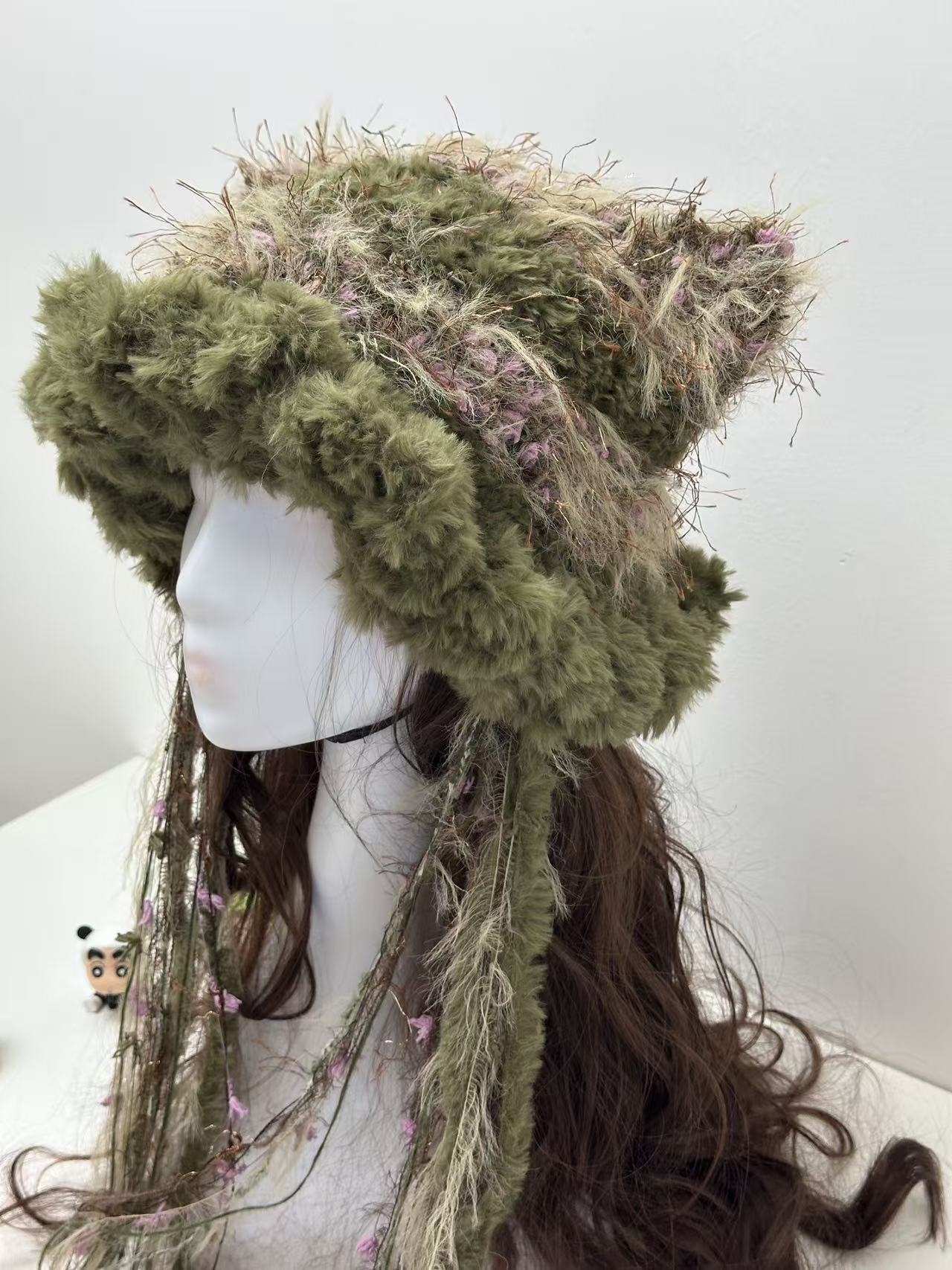 “Emerald Moss” Cat Ear Jellyfish Hat – Handcrafted Green Mixed Yarn Beanie