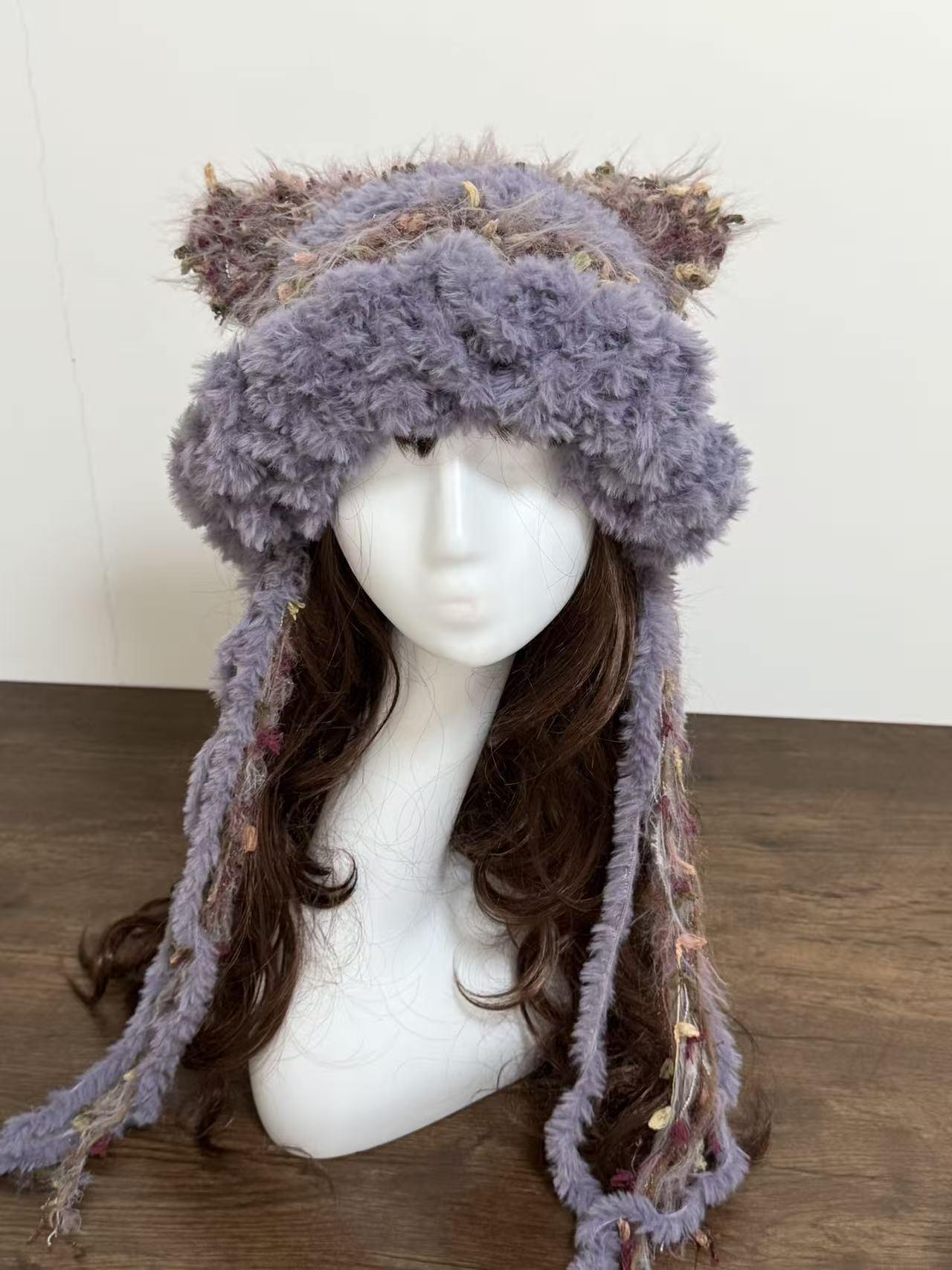 “Moon Mist” Cat Ear Jellyfish Hat – Grey Lavender Mixed Yarn Beanie