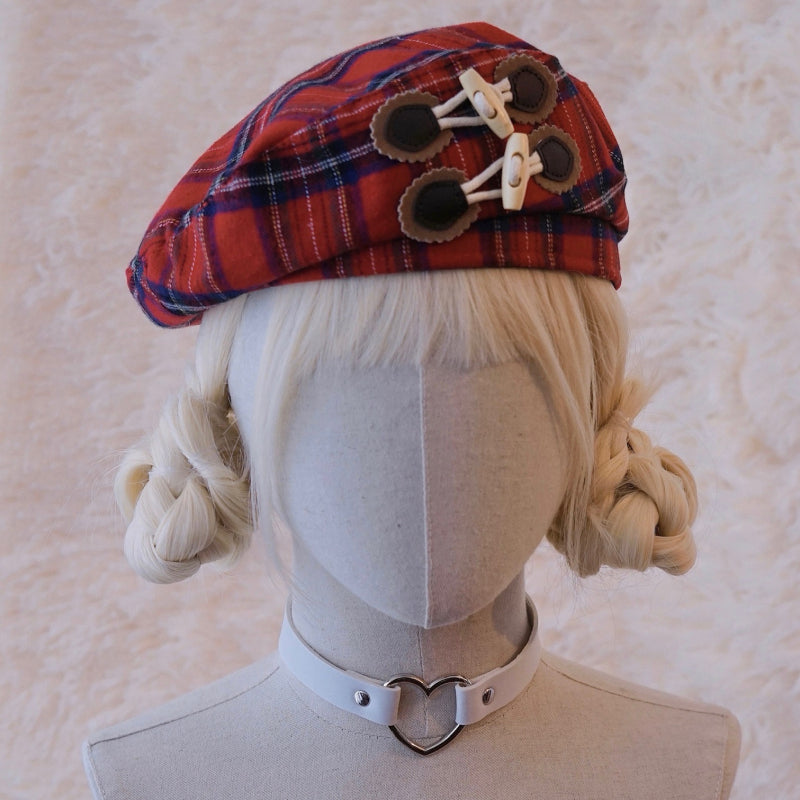 Motomori Leather Buckle Checkered Beret