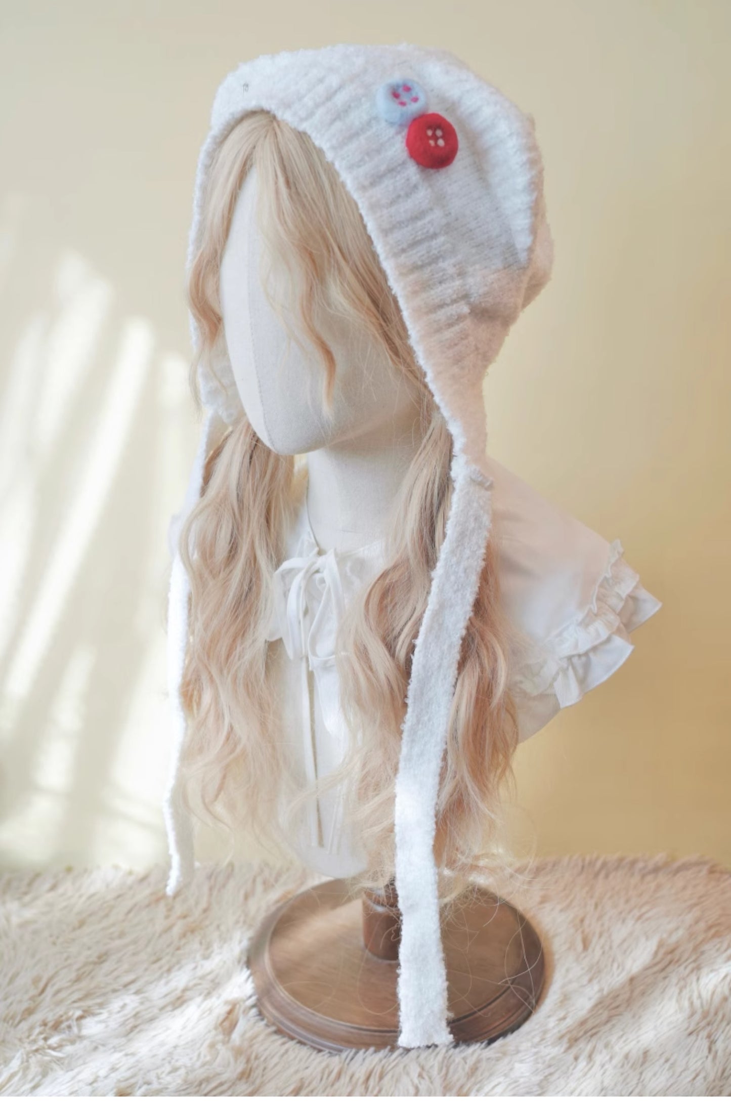 Wool Felt Button Knitted Cat Ear Sleeve Head Hat