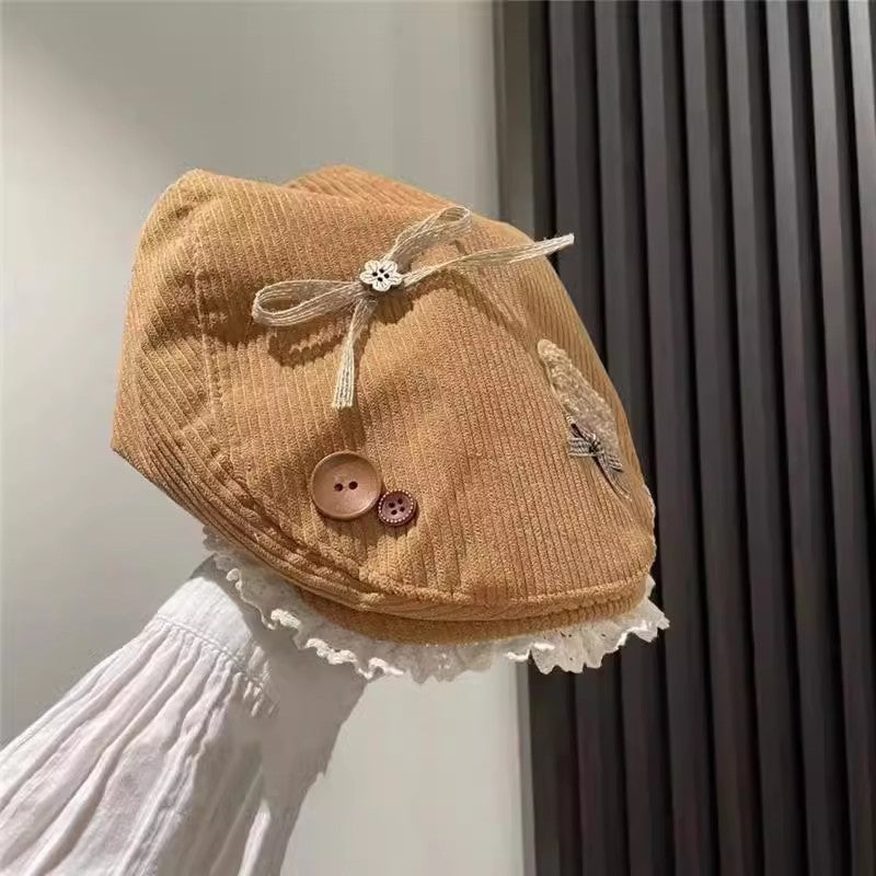 Korean Corduroy Lace Bow Puppy Beret