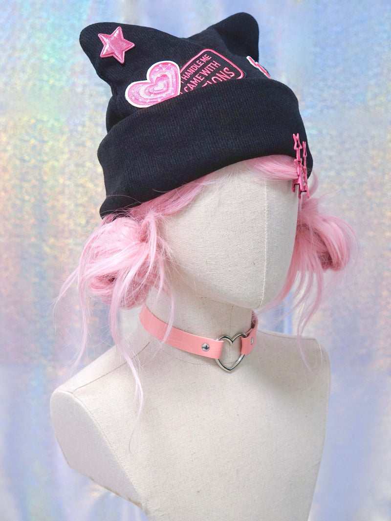 Black & Pink Woolen Cat Ear Hat