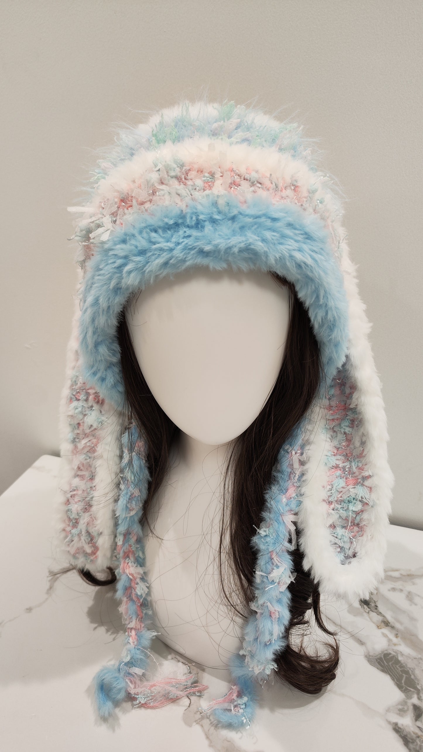 “Baby Bunny” Long-Ear Handmade Mixed Yarn Hat – Baby Blue Beanie