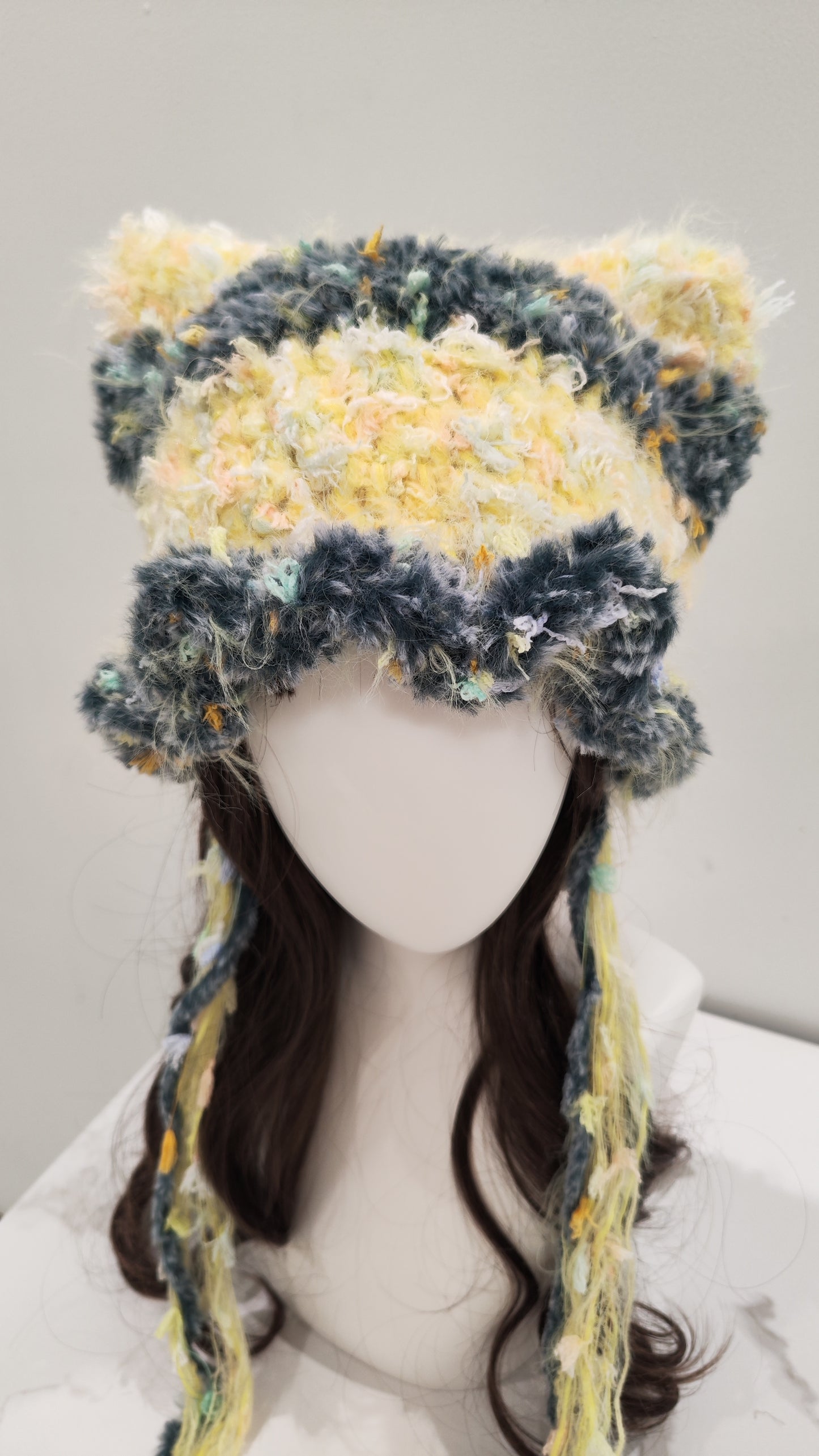 “Sunny Twilight” Cat Ear Jellyfish Hat – Mustard Yellow & Navy Mixed Yarn Beanie