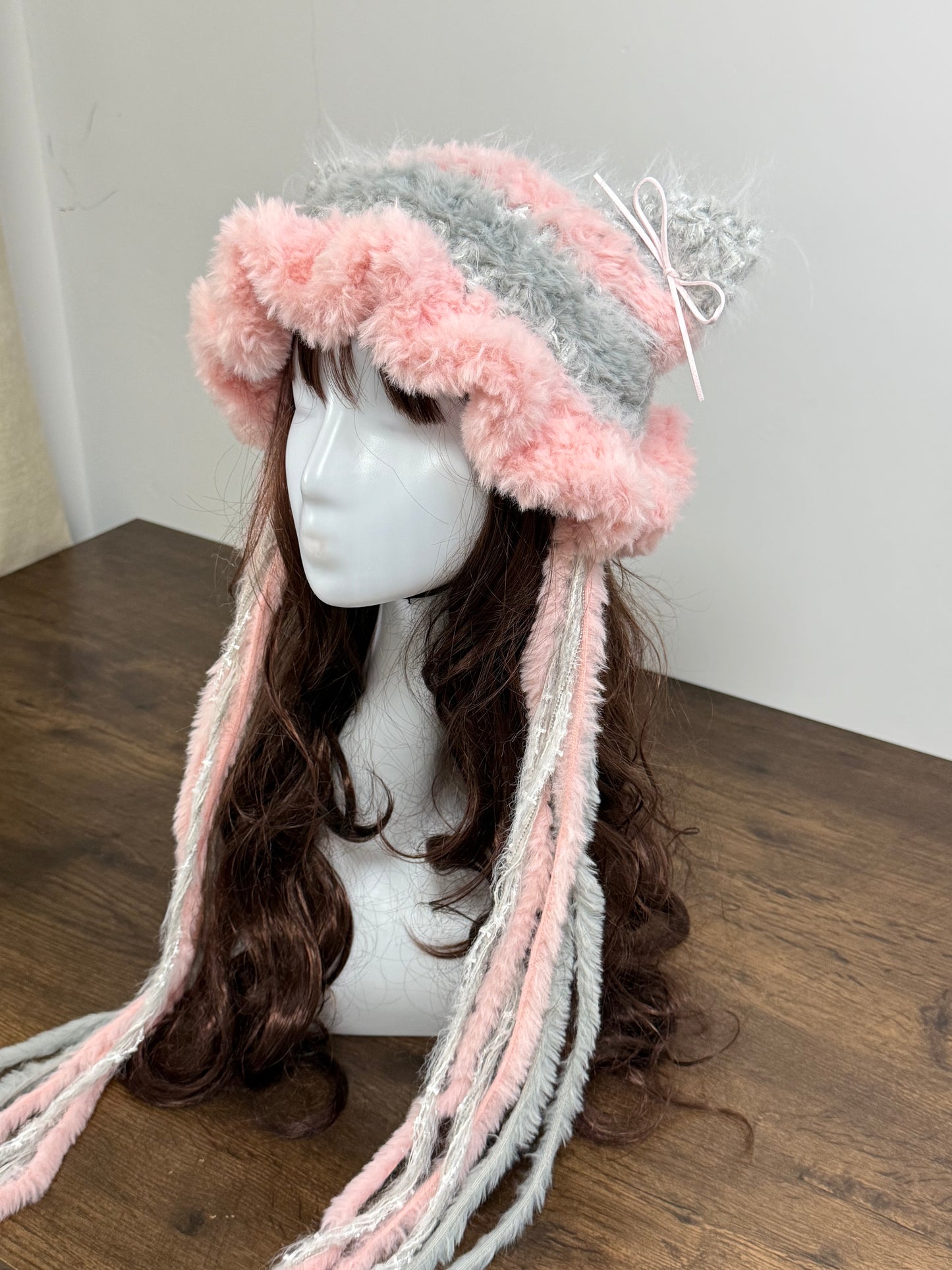 Light Gray and Blush Pink Cat Ear Jellyfish Hat – Handmade Fluffy Beanie