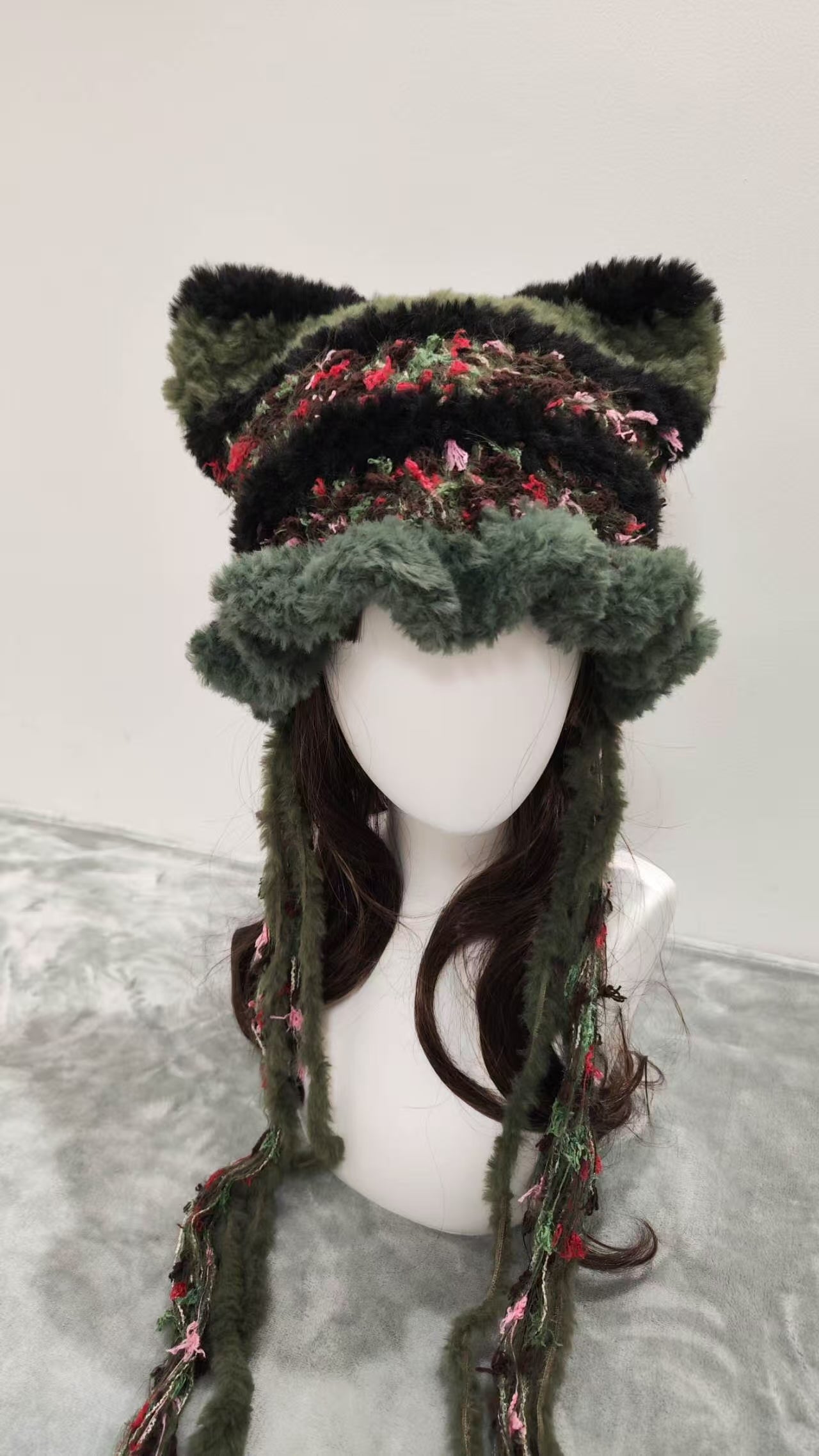 Wild Vine Cat Ear Jellyfish Hat – Handmade Mixed Yarn Crochet Beanie