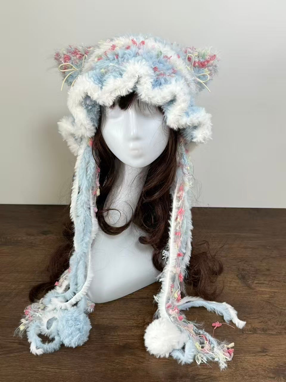 Blue and White Cat Ear Jellyfish Hat with Pom Poms β Handmade Fluffy Winter Beanie