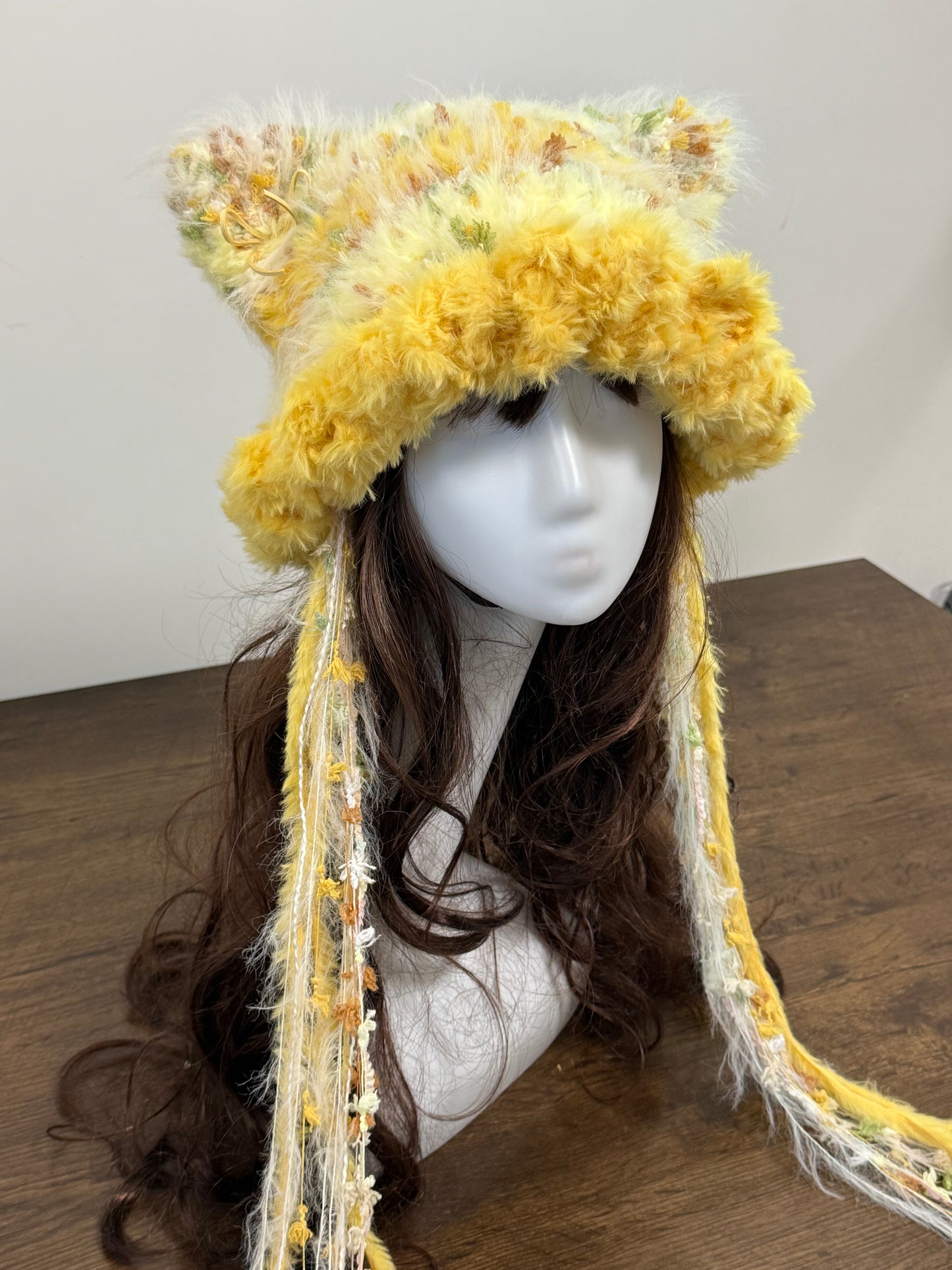 Egg Yolk Cat Ear Jellyfish Hat β Handmade Fluffy Yellow Beanie