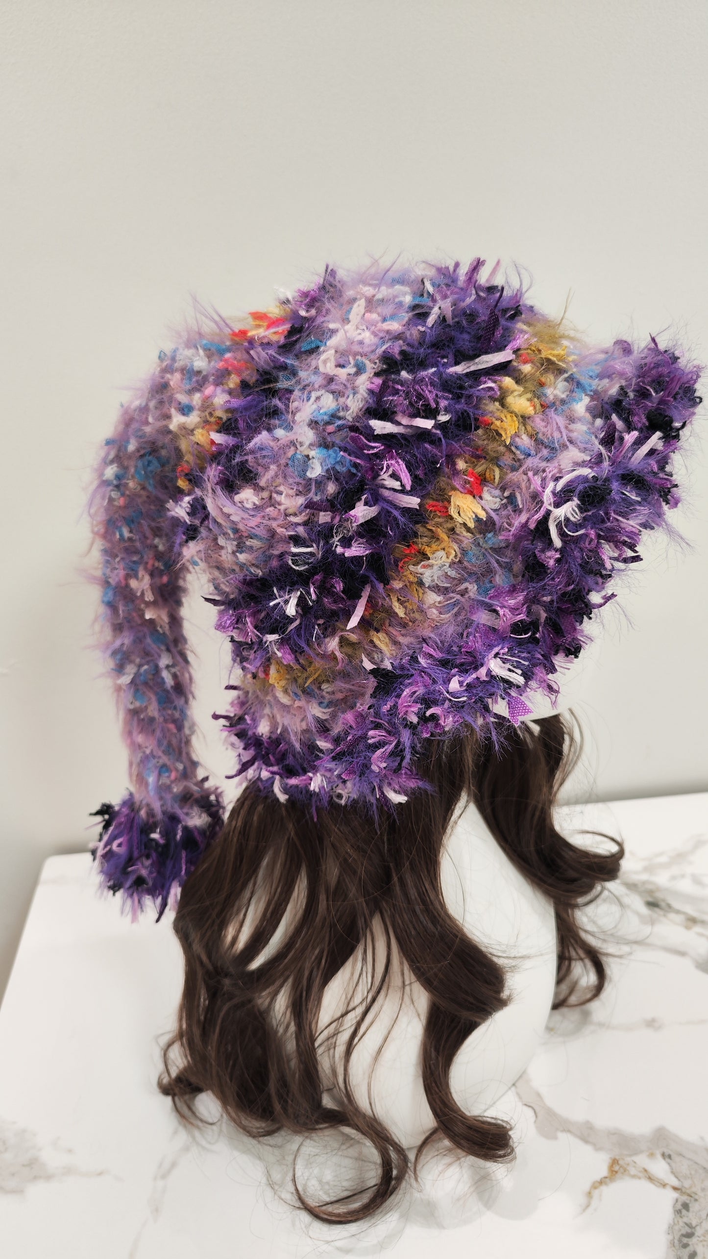 “Lilac Chime” Cat Ear Bell Hat – Purple Mixed Yarn Beanie with Bell