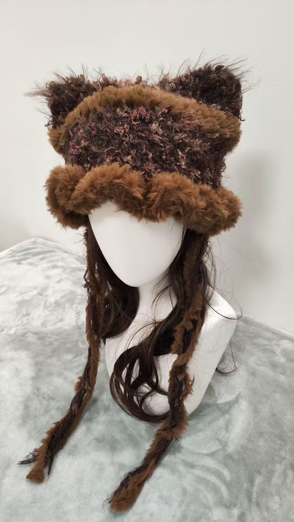 Caramel Latte Brown Cat Ear Jellyfish Hat – Handmade Mixed Yarn Crochet Beanie