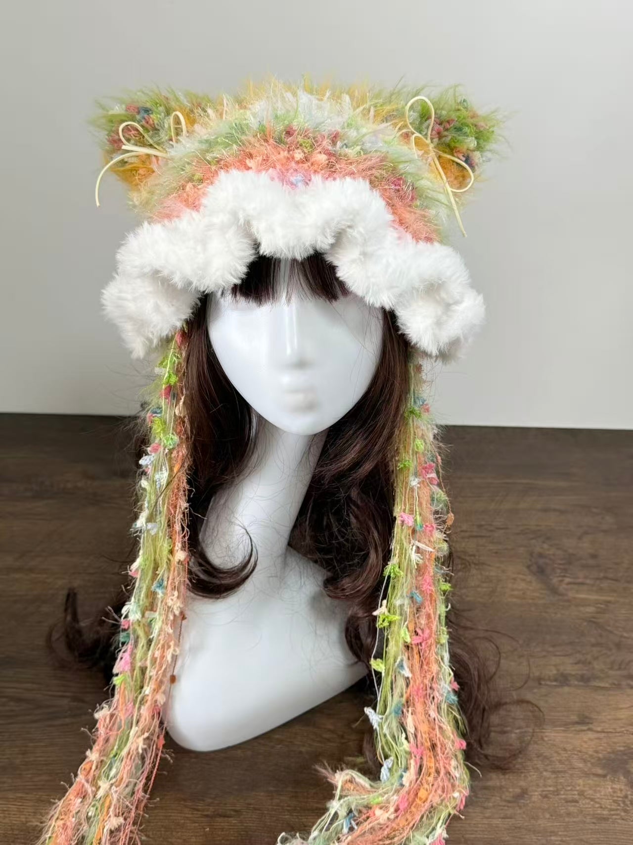 Watermelon Soda Cat Ear Jellyfish Hat β Handmade Fluffy Mixed Yarn Beanie