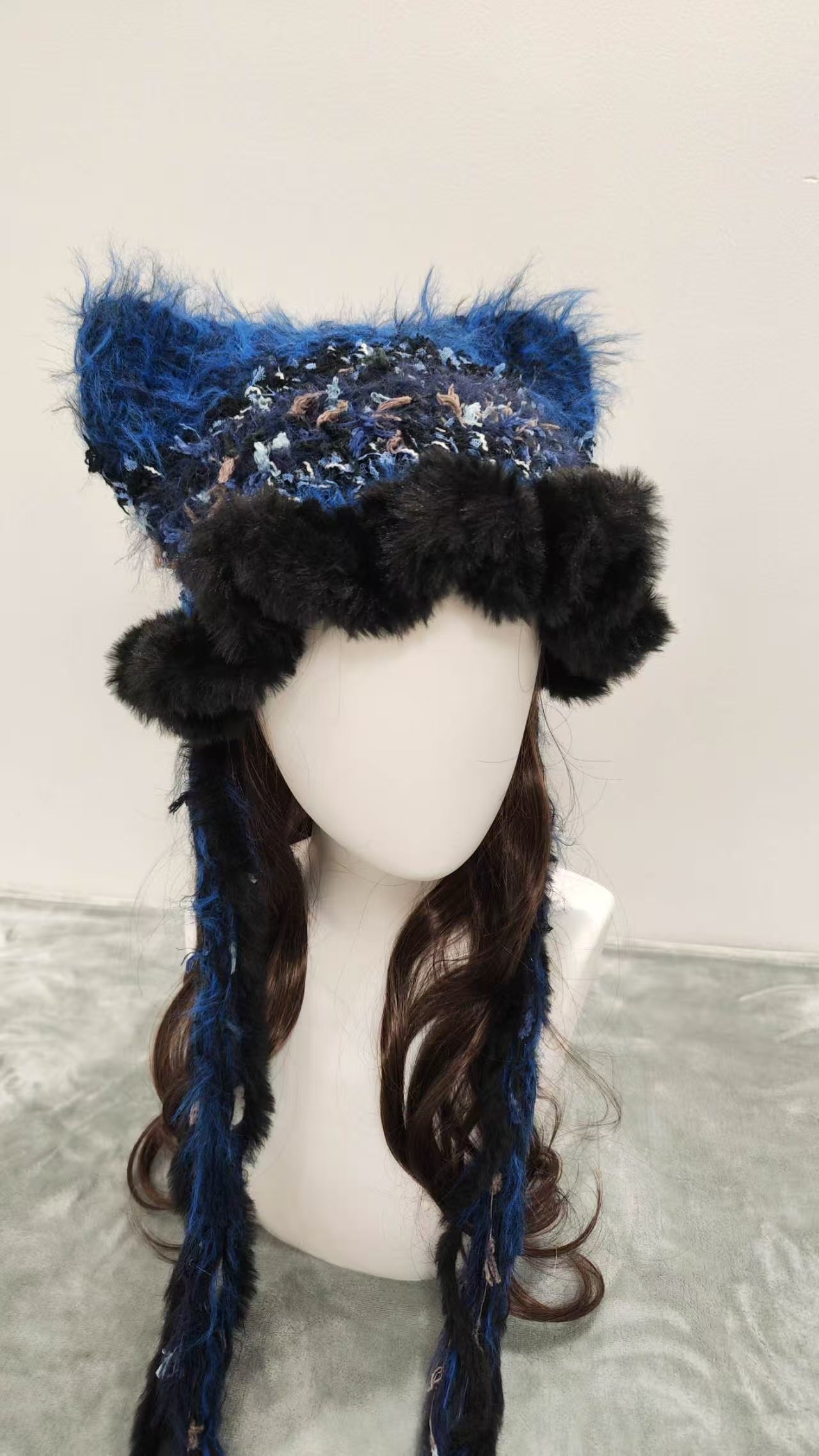 Blue Flame Cat Ear Jellyfish Hat – Handmade Fluffy Crochet Beanie with Black Ruffle Edge
