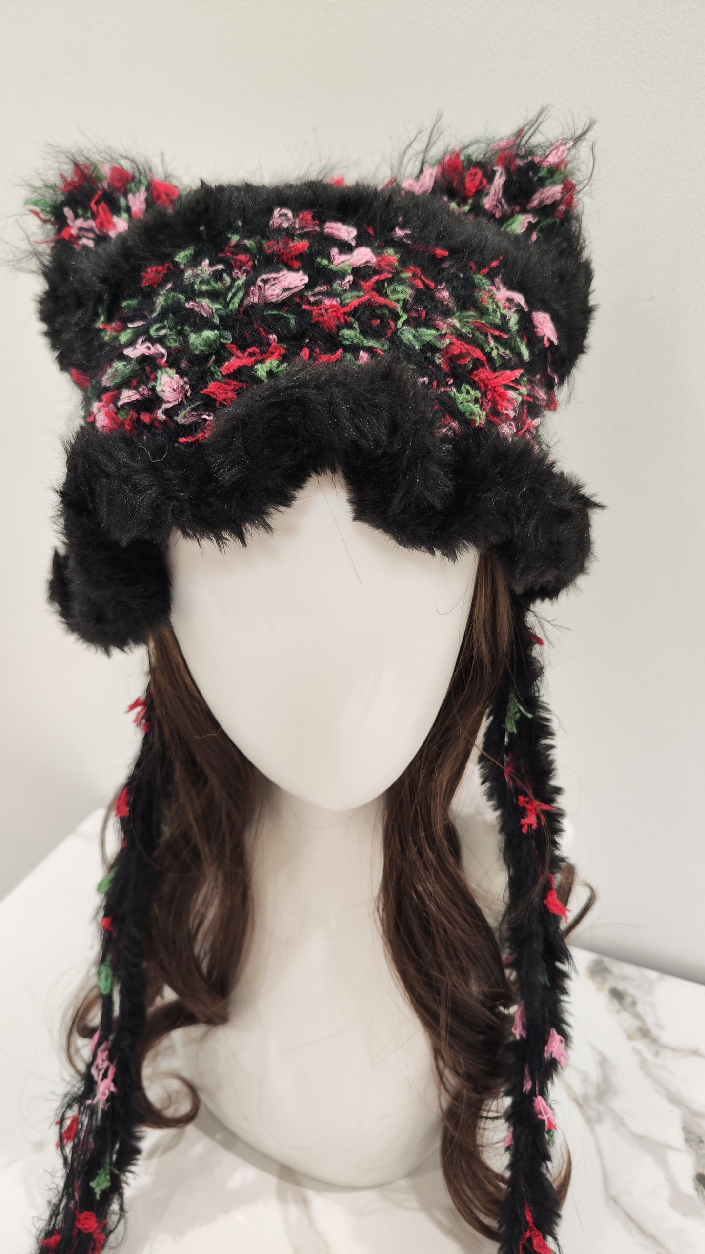 “Crimson Bloom” Cat Ear Jellyfish Hat – Red & Black Floral Mixed Yarn Beanie