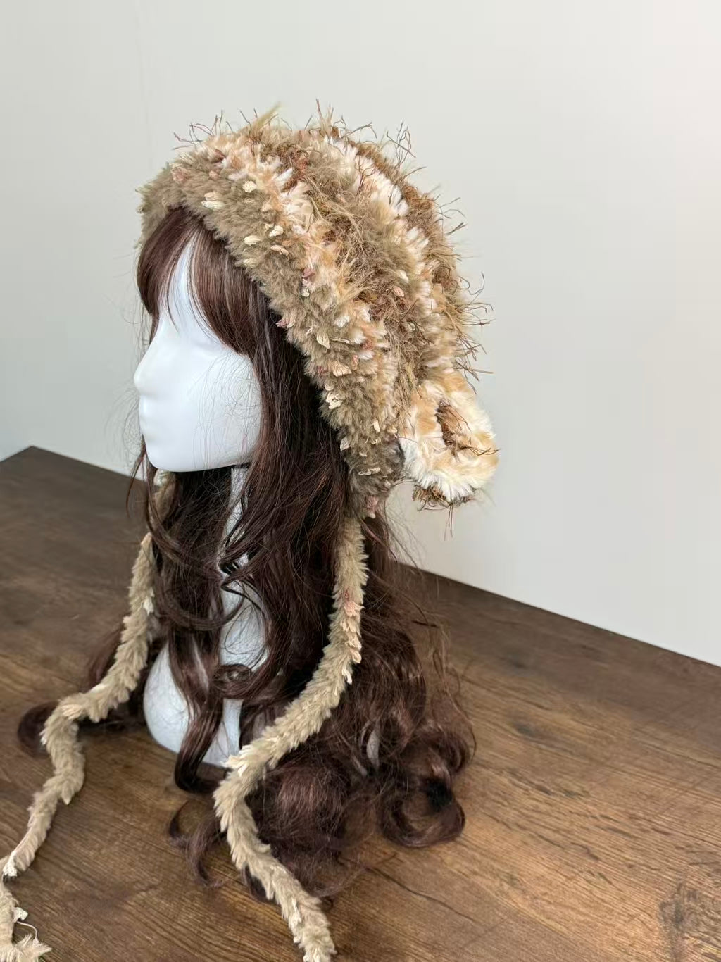 Gray and Coffee Brown Sheep Ear Hat β Handmade Fluffy Crochet Beanie