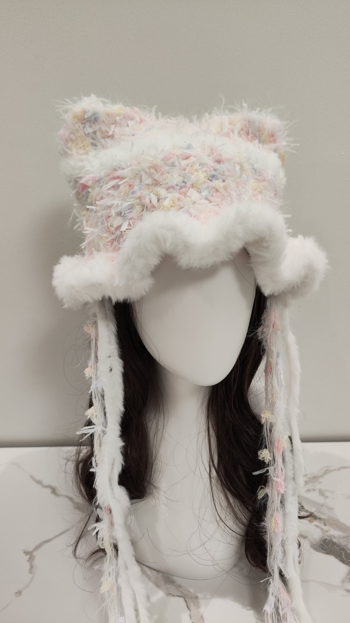 “Petal Whisper” Cat Ear Jellyfish Hat – White with Subtle Floral Mixed Yarn Beanie