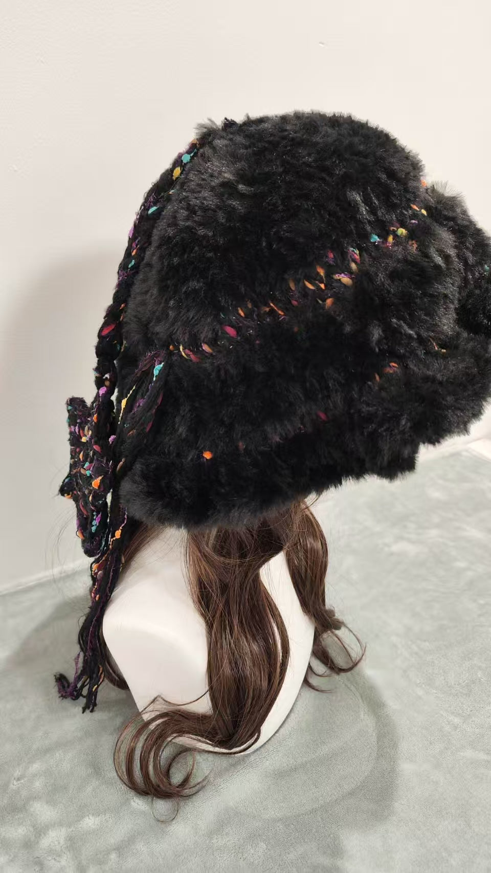 Wide Ruffle Edge Faux Mink Hat β Handmade Soft Winter Beanie, Elegant Cozy Knit Hat