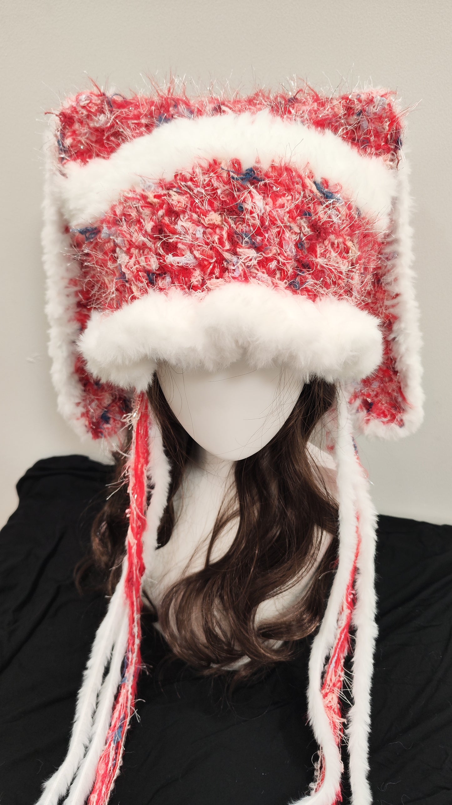 “Merry Bunny” Handcrafted Red & White Bunny Ear Hat – Christmas Edition