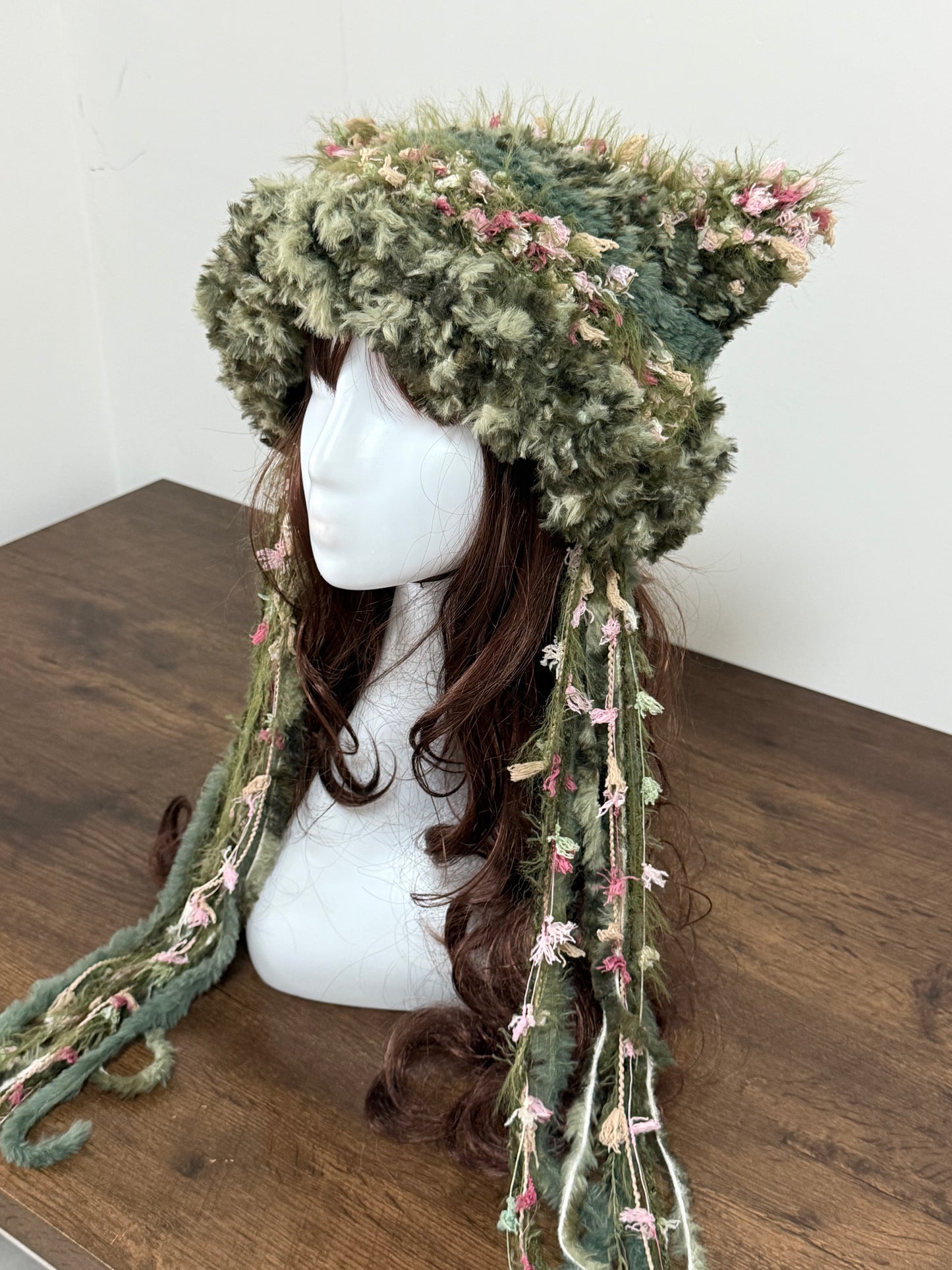 Emerald Forest Cat Ear Jellyfish Hat – Handmade Fluffy Green Beanie