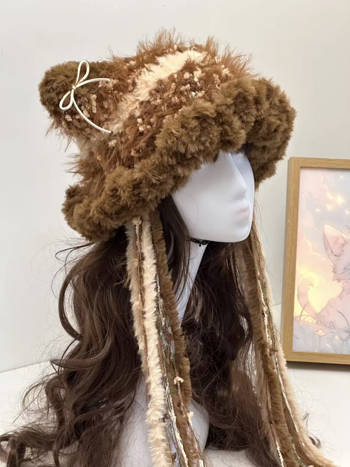 “Caramel Latte” Cat Ear Jellyfish Hat – Handcrafted Brown Mixed Yarn Beanie