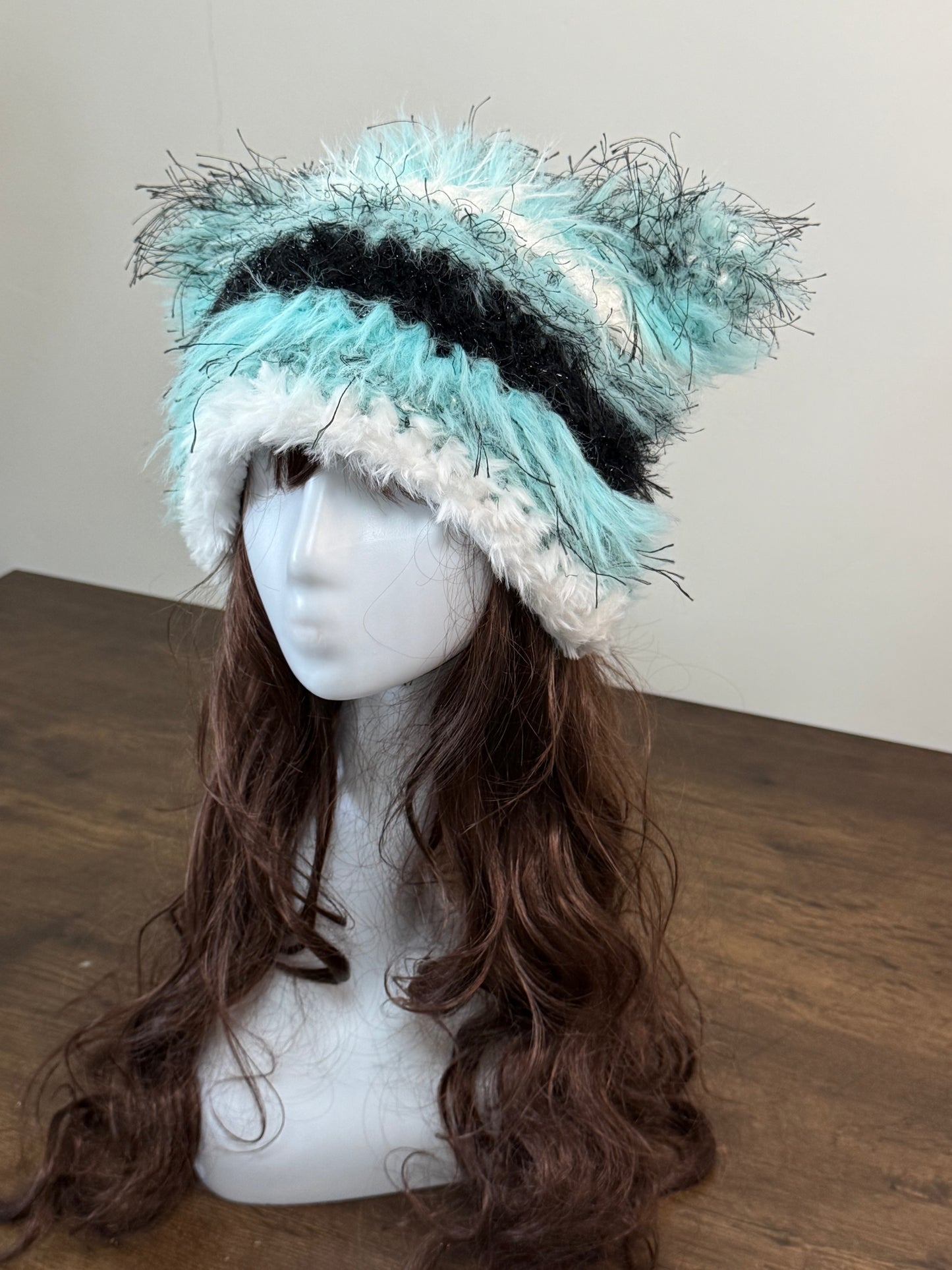 Hatsune Miku Color Cat Ear Beanie – Handmade Mixed Yarn Crochet Hat