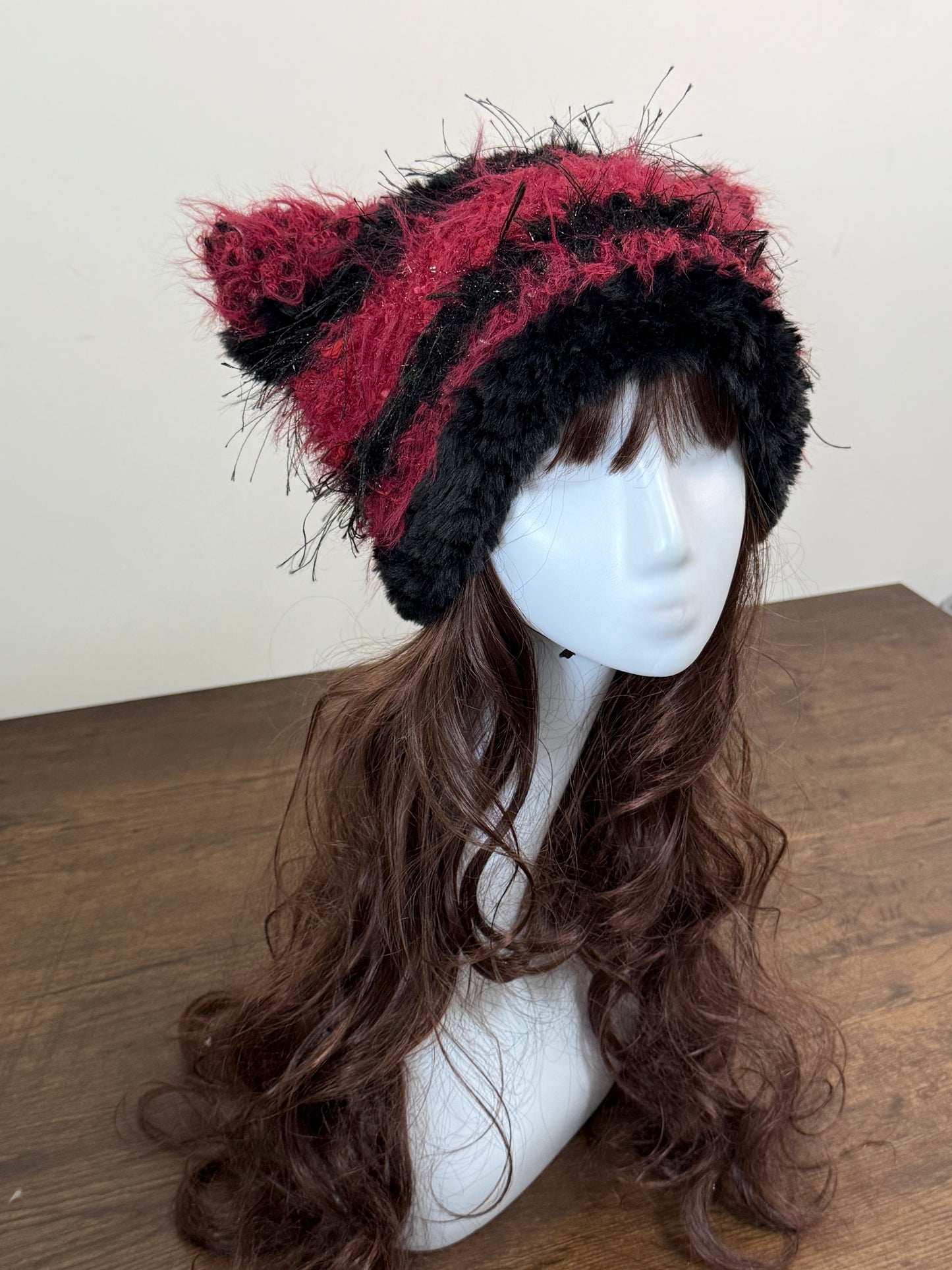 Red and Black Mixed Yarn Cat Ear Beanie