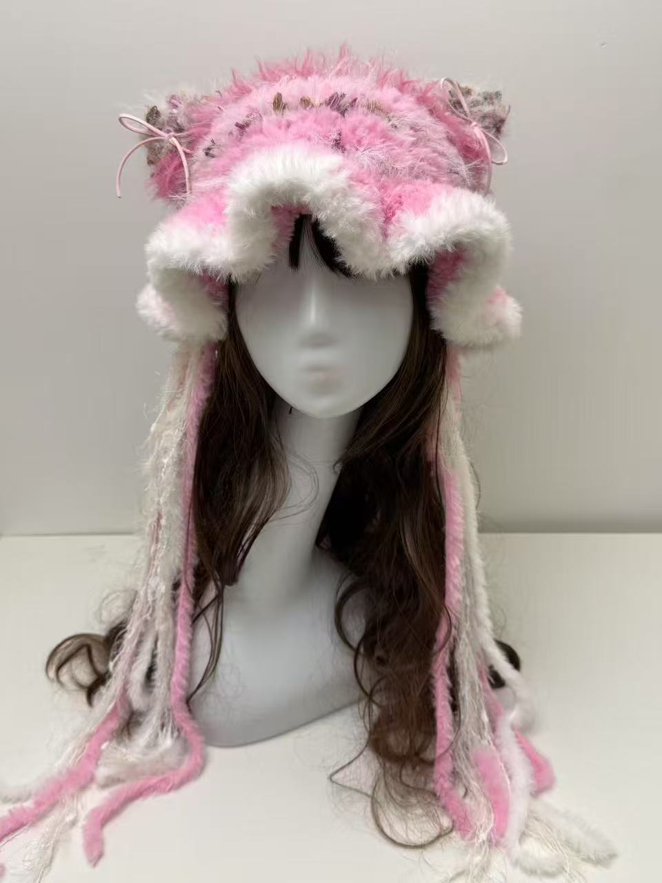 Pink Cat Ear Jellyfish Hat with White Edge β Handcrafted Mixed Yarn Beanie