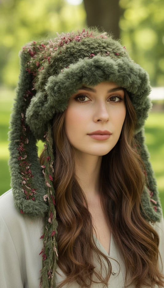 Mossy Brown Bunny Ear Beanie – Handmade Mixed Yarn Crochet Hat