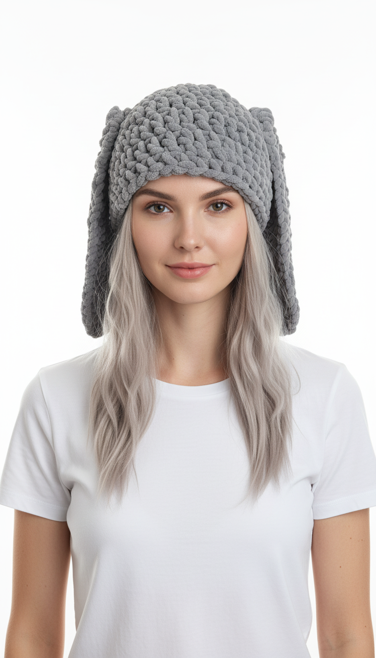 Gray Long Ear Bunny Hat β Handmade Fluffy Crochet Beanie