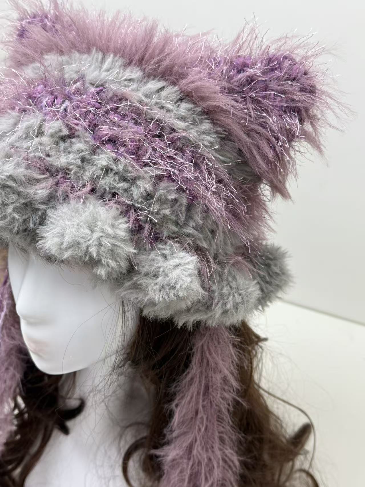 Grey-Pink Cat Ear Jellyfish Hat – Handcrafted Mixed Yarn Beanie