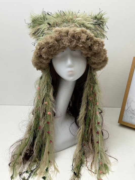 “Emerald Moss” Cat Ear Jellyfish Hat – Handcrafted Green Mixed Yarn Beanie