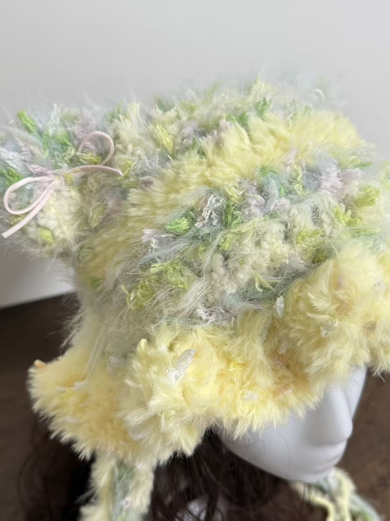 “Spring Meadow” Cat Ear Jellyfish Hat with Wide Ruffled Edge – Handcrafted Mixed Yarn Beanie