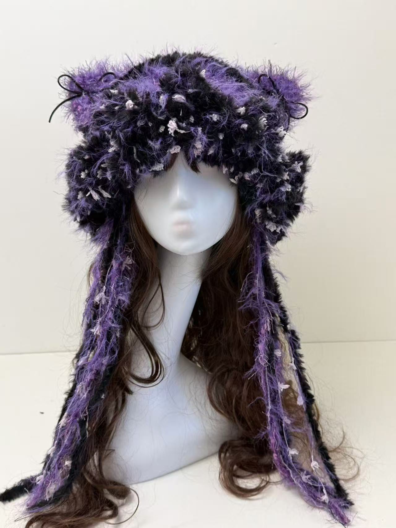 “Twilight Shadow” Cat Ear Jellyfish Hat – Black & Purple Mixed Yarn Beanie