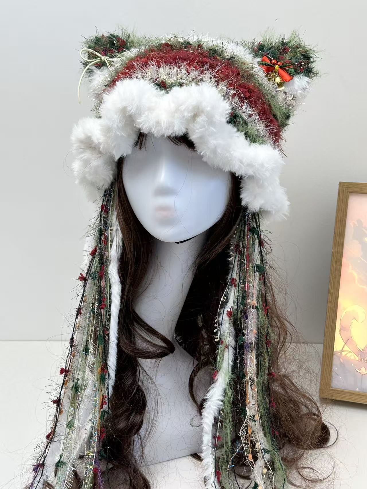 Red & Green Christmas Cat Ear Jellyfish Hat with White Edge – Handmade Holiday Beanie