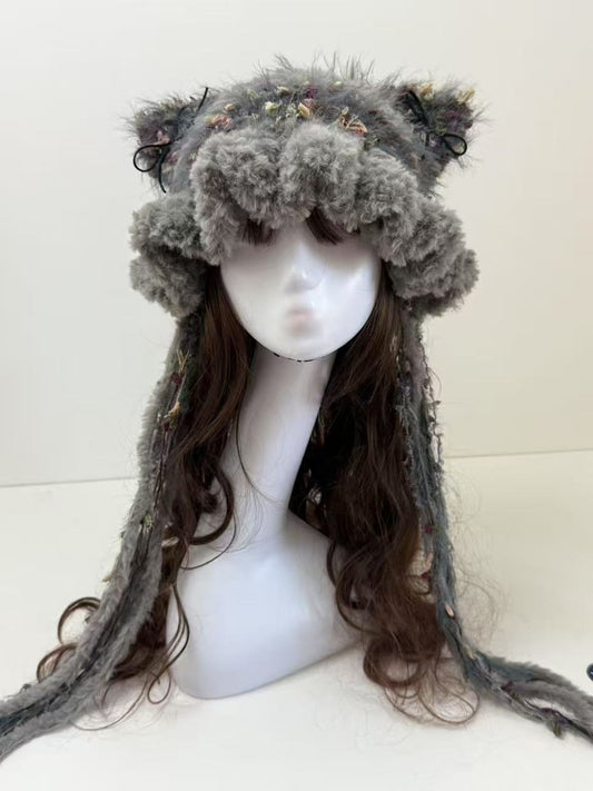 “Misty Garden” Cat Ear Jellyfish Hat – Grey Floral Mixed Yarn Beanie