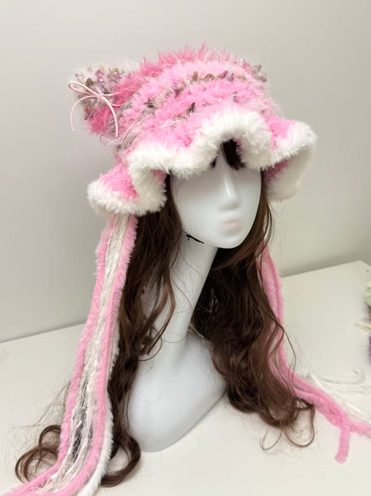 Pink Cat Ear Jellyfish Hat with White Edge – Handcrafted Mixed Yarn Beanie