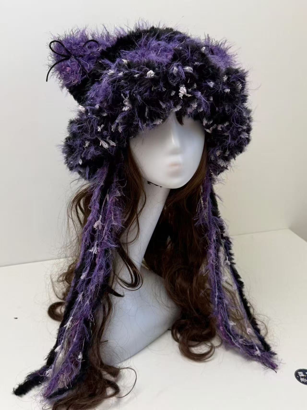 “Twilight Shadow” Cat Ear Jellyfish Hat – Black & Purple Mixed Yarn Beanie