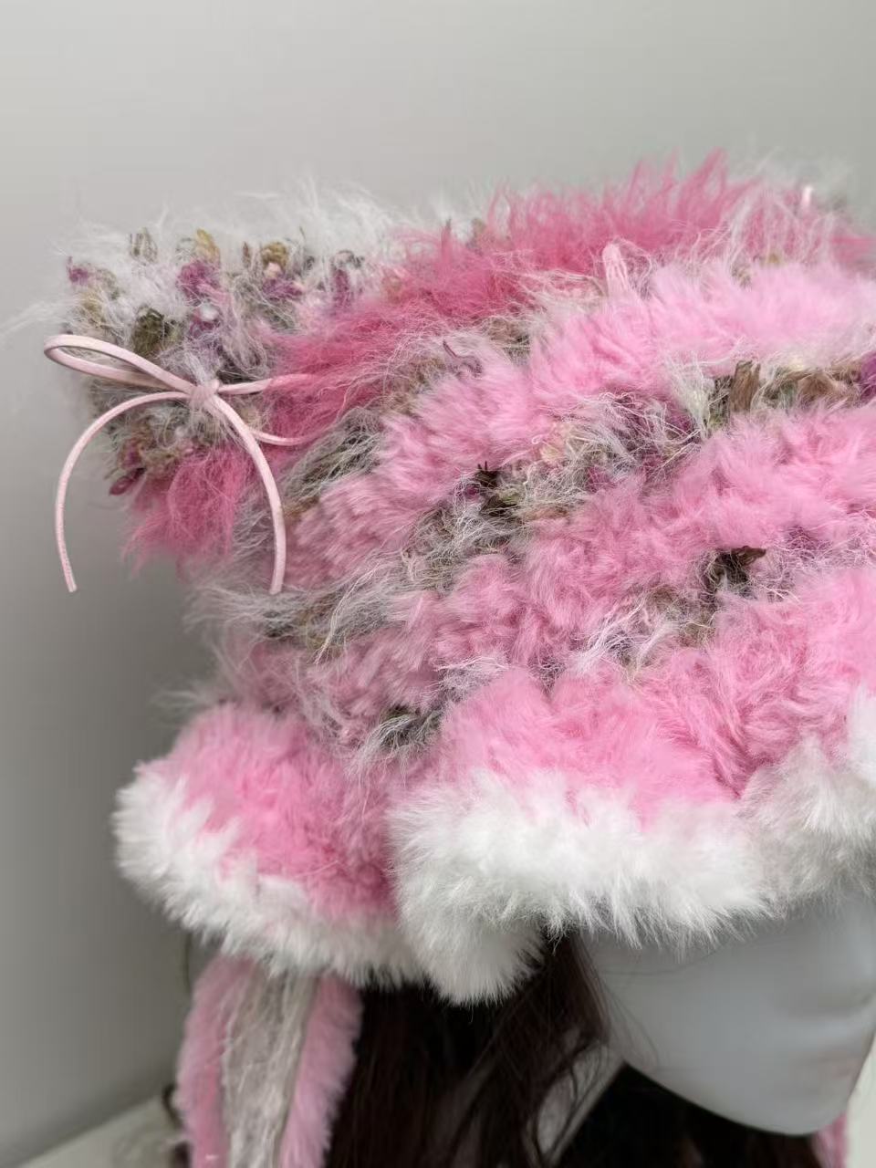 Pink Cat Ear Jellyfish Hat with White Edge – Handcrafted Mixed Yarn Beanie