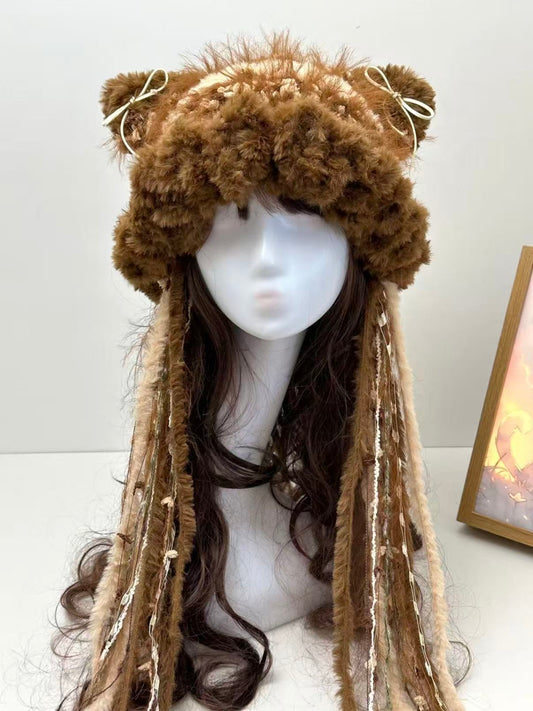 “Caramel Latte” Cat Ear Jellyfish Hat – Handcrafted Brown Mixed Yarn Beanie