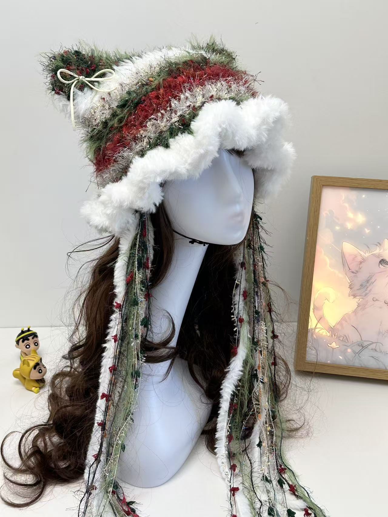 Red & Green Christmas Cat Ear Jellyfish Hat with White Edge – Handmade Holiday Beanie