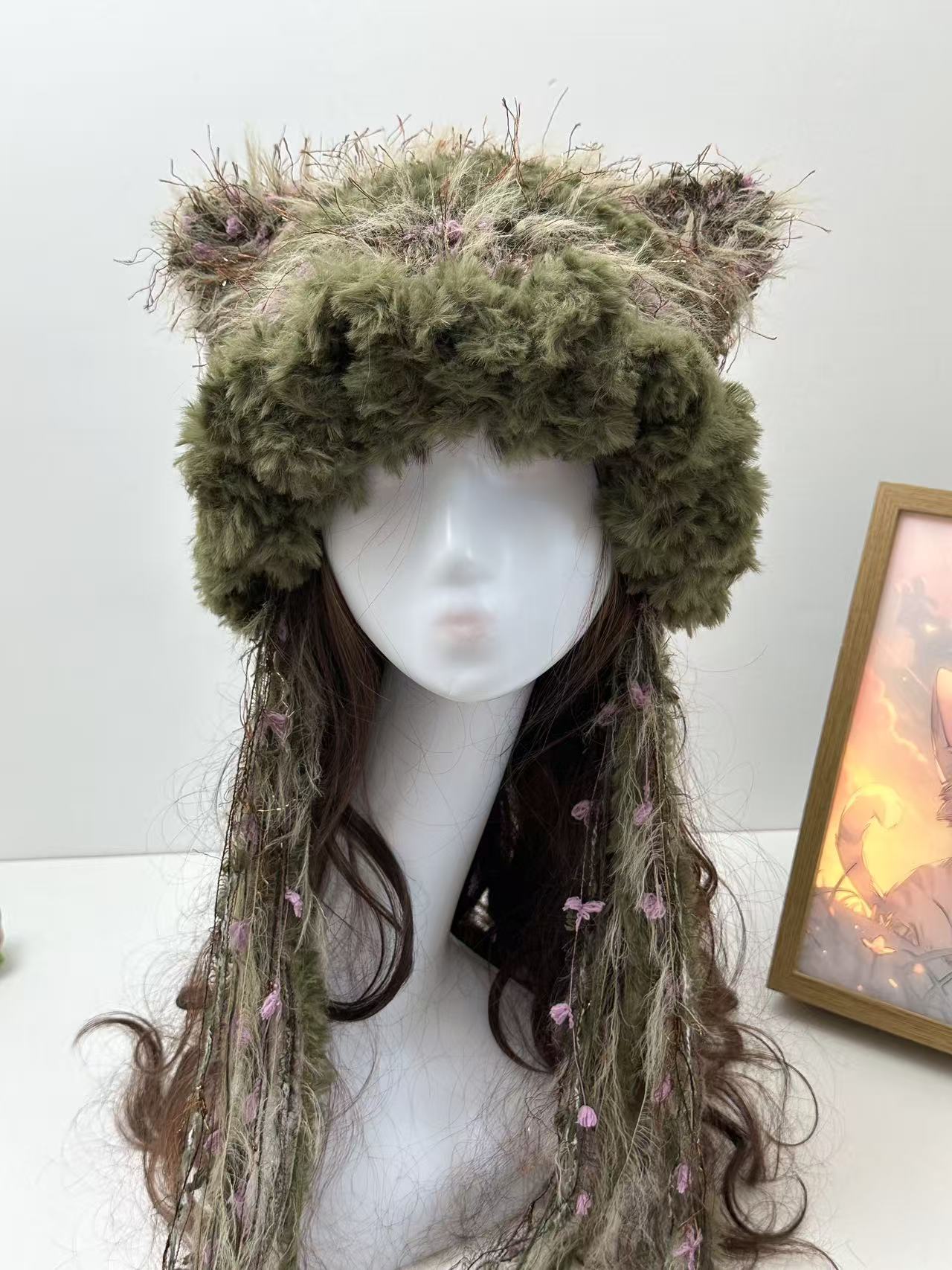 “Emerald Moss” Cat Ear Jellyfish Hat – Handcrafted Green Mixed Yarn Beanie