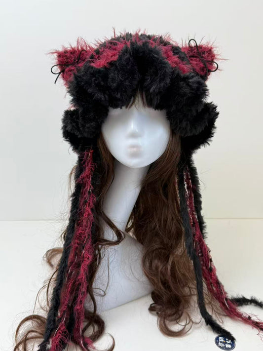 “Crimson Night” Cat Ear Jellyfish Hat – Red & Black Wide-Edge Mixed Yarn Beanie