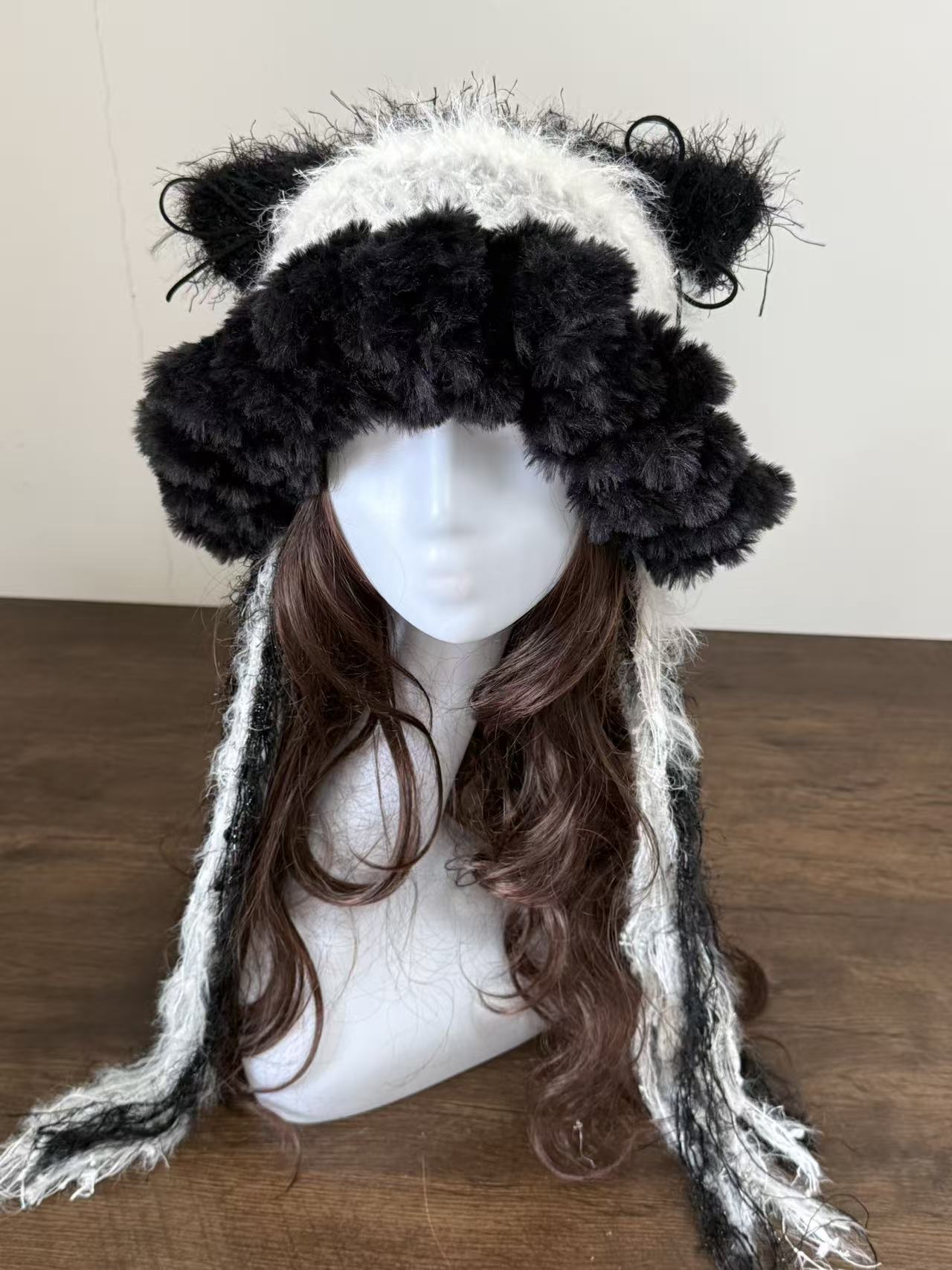 Black & White “Panda” Cat Ear Jellyfish Hat with Wide Ruffled Edge – Handmade Beanie