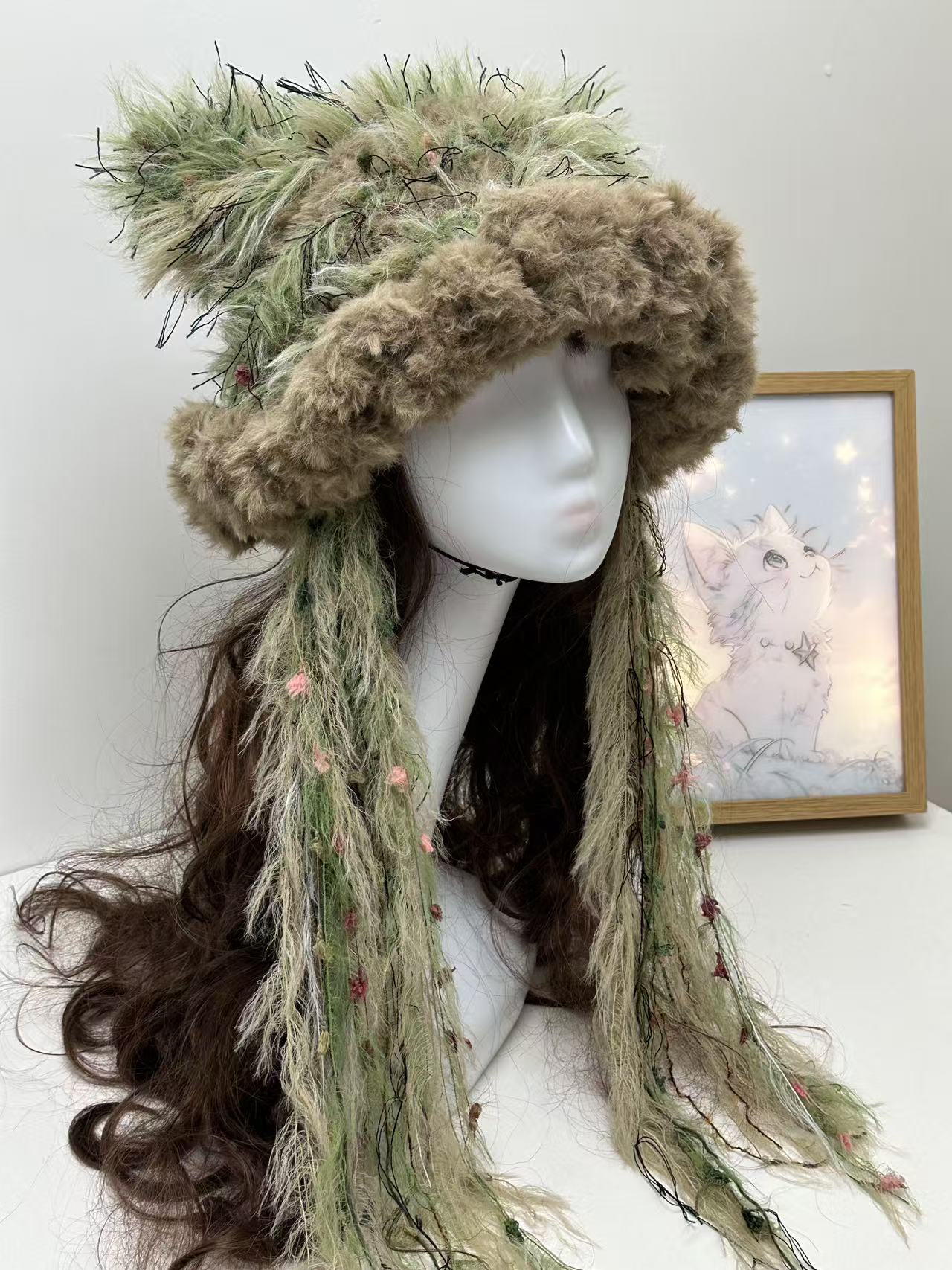 “Emerald Moss” Cat Ear Jellyfish Hat – Handcrafted Green Mixed Yarn Beanie