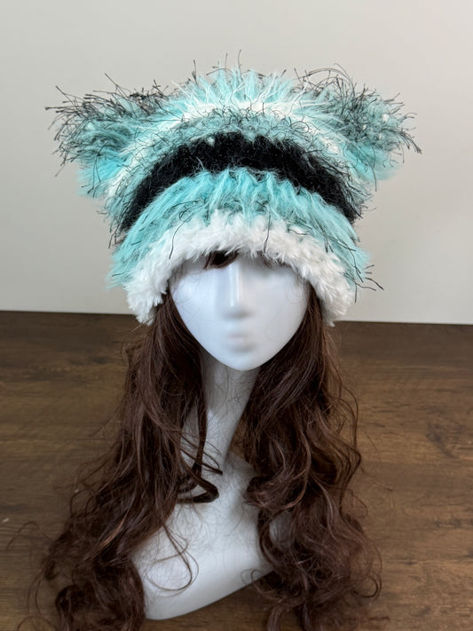 Hatsune Miku Color Cat Ear Beanie – Handmade Mixed Yarn Crochet Hat