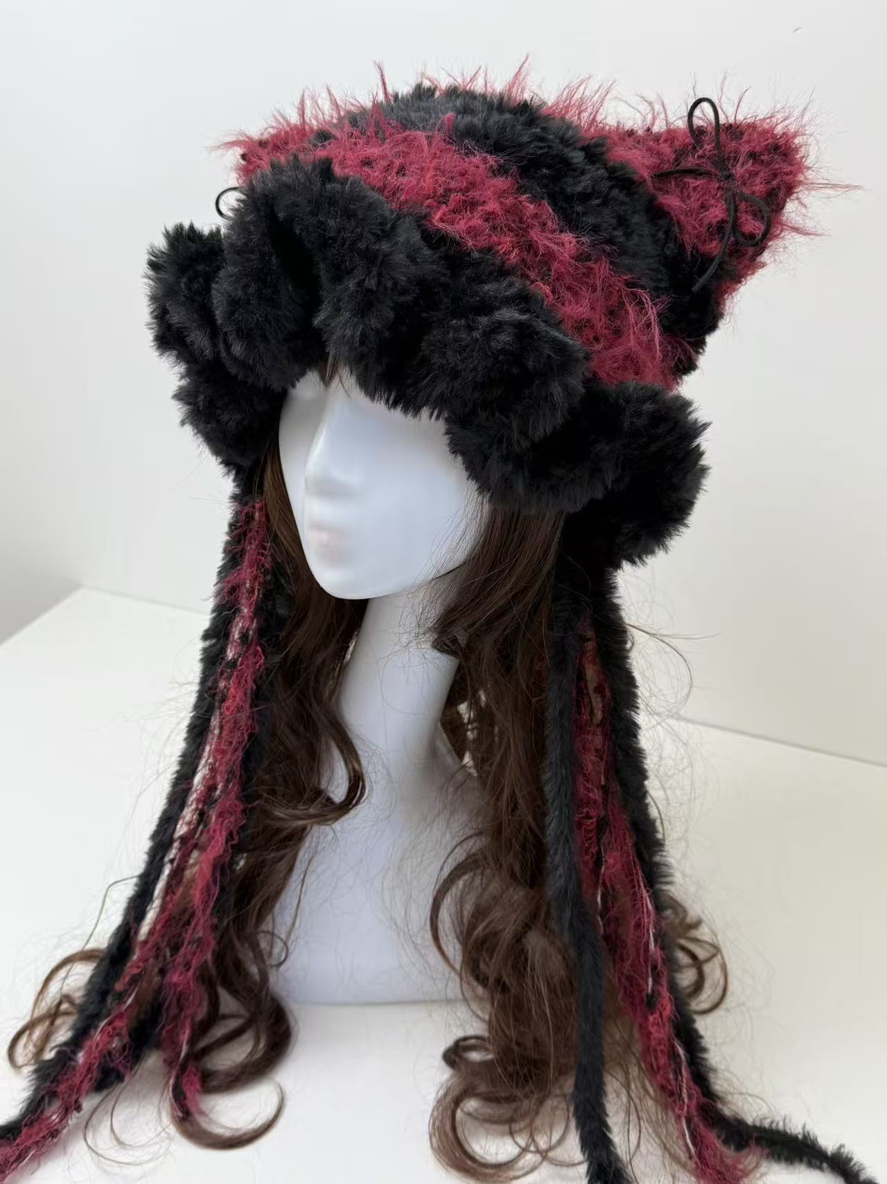 Red and Black Mixed Yarn Cat Ear Beanie