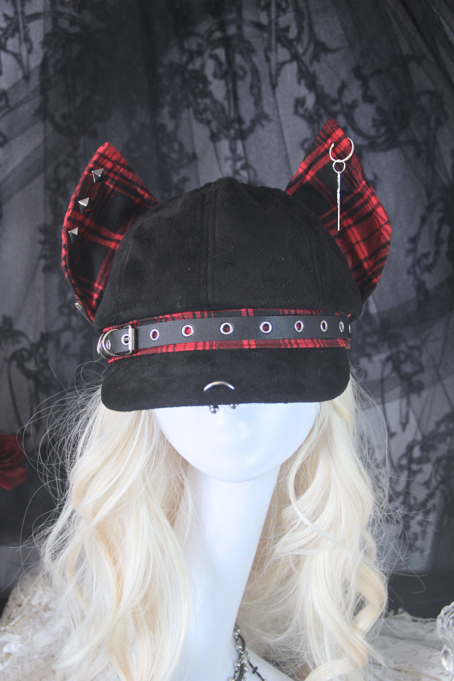 Newsboy Cap Hat with Dog Ear in Check Pattern and Studs RED